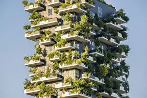Milan, Lombardy, Italy. Details of the Bosco Verticale building