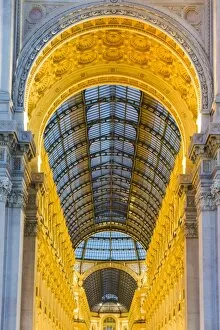 Images Dated 5th September 2017: Milan, Lombardy, Italy. The entrance to the Galleria Vittorio Emanuele II illuminated