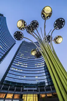Milan Prints: Milan, Lombardy, Italy. Gae Aulenti Square with iconic streetlights