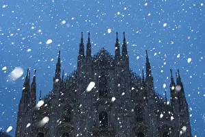Historical Center Prints: Milans Duomo cathedral in winter with snow and artificial lights. Milan, Lombardy
