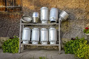 Mountain Farm Prints: Milk churns on a farm in Innervillgraten, Villgraten valley, East Tyrol, Austria