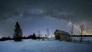 Timber Prints: Milky Way arch over the A.M. Foster Bridge in winter, Green Mountains, Cabot, Vermont, USA
