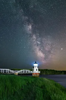 Navigation Prints: Milky Way over Doubling Point Light, Arrowsic, Maine, USA