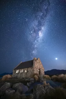 Night Sky Collection: Milky way galactic center over Church of the Good Shepherd, Tekapo, Mackenzie District