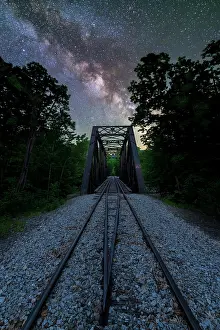 Tracks Prints: Milky Way over railroad bridge on Sawyer River