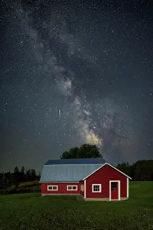 Dark Prints: Milky Way over red barn with meteor, Green Mountains, Danville, Vermont, USA