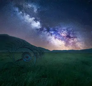 Norcia Prints: Milky way in summer over some old harvesting tool in Castelluccio di Norcia, Umbria