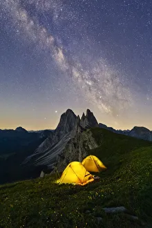 Alto Adige Prints: Milky way and tents over Grosse Fermeda at Seceda, Gruppo delle Odle, Dolomiti di Gardena