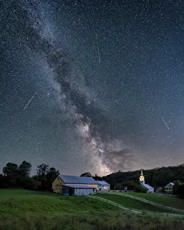 Dark Prints: Milky Way over village and white-steeple church with meteor, East Corinth, Vermont, USA