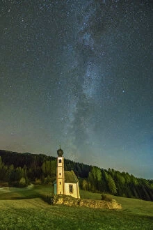 Milkyway over St. Johann Church, Val di Funes, Dolomites, South Tyrol, Italy