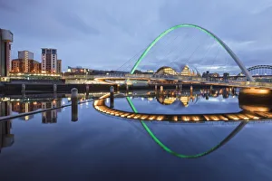 Tyne And Wear Prints: Millennium Bridge illuminated at dusk, River Tyne, Newcastle, Tyne and Wear, England