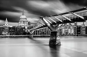 B And W Prints: The Millennium Bridge and St Paul's Cathedral, long exposure image, London, England