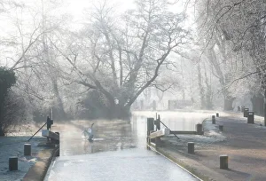 Surrey Prints: Millmead lock & River Wey on a frosty morning, Guildford, Surrey, England