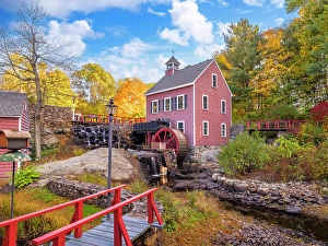 Stream Prints: Millstream framed by fall Foliage, Millstream, Chelmsford, Massachusetts, USA