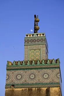 Images Dated 5th May 2009: A Minaret with the early moon in the background; Old Medina in Fes, Morocco