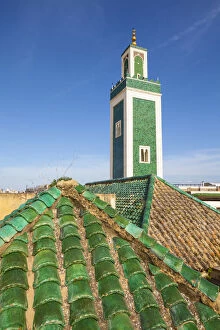 Minaret and rooftop, Bou Inania Medersa, Medina, Meknes, Morocco