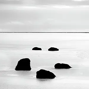 Vik Y Myrdal Prints: Minimalist image of 5 rocks in a frozen lagoon in winter, near Vik y Myrdal, South Iceland
