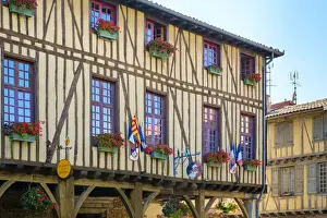 Post And Beam Prints: Mirepoix town hall (Mairie) half-timbered building on Place de Couverts in bastide