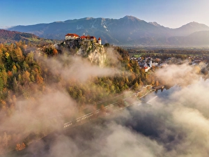 Holiday Destination Prints: Mist below Bled Castle, Bled, Slovenia, Europe