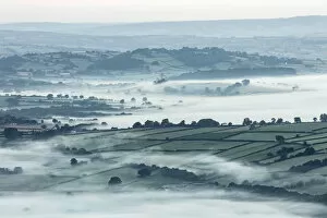 Powys Gallery: Mist over countryside at dawn near Brecon, Powys, Wales, UK