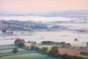 Powys Gallery: Mist covered countryside at dawn near Pennorth, Brecon Beacons National Park, Powys, Wales