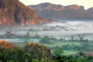 Vinales Prints: Mist driftng through the Vinales Valley at dawn, Vinales, Pinar del Rio Province, Cuba
