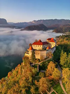 Lake Bled Prints: Mist over Lake Bled below Bled Castle, Bled, Slovenia, Europe