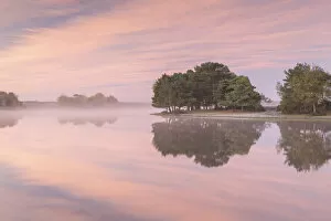 Images Dated 16th July 2021: Mist and sunrise on a reflective Hatchet Pond, Beaulieu, New Forest National Park