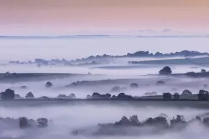 Misty dawn from Pilsdon Pen, Dorset, England, UK