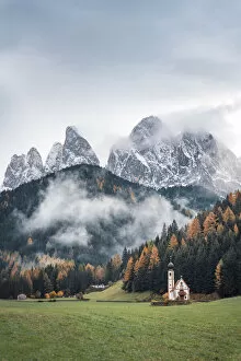 Images Dated 30th March 2021: Misty moody autumn view of Santa Magdalena Church and Odle Mount in Trentino Alto Adige