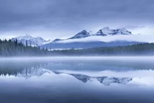 Misty morning at Herbert Lake in the Canadian Rockies, Banff National Park, Alberta, Canada