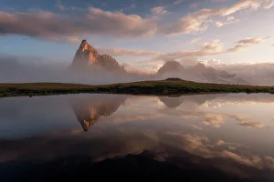 Ra Gusela Prints: A misty morning along the shore of a small puddle near the Giau Pass