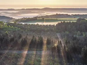 April Prints: Misty sunrise above woodland and countryside in Dartmoor National Park