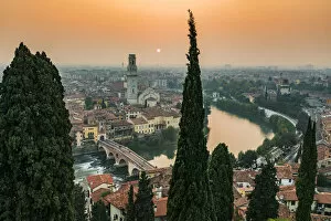 Adige Gallery: Misty sunset and city skyline, Verona, Veneto, Italy