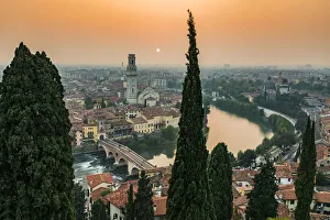 Adige Gallery: Misty sunset and city skyline, Verona, Veneto, Italy