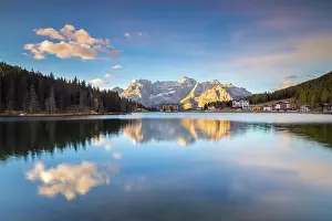 Tourist Destination Prints: Misurina Lake with Sorapis mountain group behind in autumn