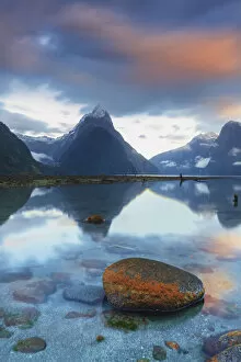 Images Dated 23rd January 2020: Mitre Peak reflecting in the fjord water at sunset at Milford Sound in New Zealand