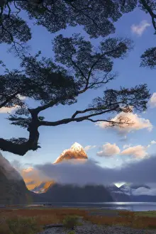 Mitre Peak reflecting in the fjord water at sunset at Milford Sound in New Zealand