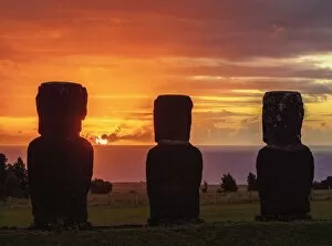 Rapanui Collection: Moais in Ahu Akivi at sunset, Rapa Nui National Park, Easter Island, Chile