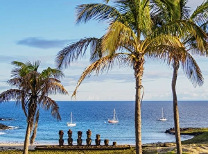 Figure Prints: Moais in Ahu Nau Nau by the Anakena Beach, elevated view, Rapa Nui National Park