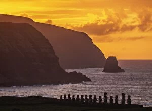 Figure Gallery: Moais in Ahu Tongariki at sunrise, elevated view, Rapa Nui National Park, Easter Island