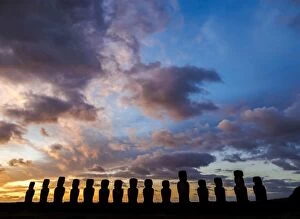 Images Dated 14th April 2017: Moais in Ahu Tongariki at sunrise, Rapa Nui National Park, Easter Island, Chile