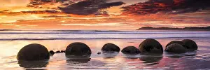 Landmarks Prints: Moeraki Boulders at Sunrise, Otago Coast, New Zealand