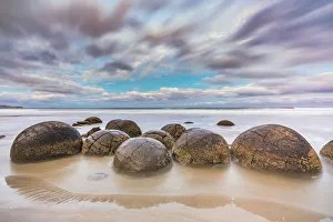 Moeraki Boulders at sunset. Hampden, Waitaki district, Otago region, South Island