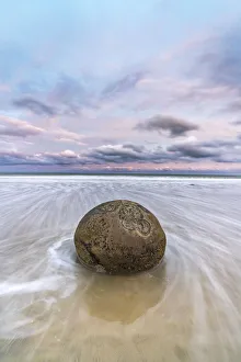 Moeraki Boulders at sunset. Hampden, Waitaki district, Otago region, South Island