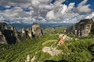 Roussanou Prints: Monastery of Moni Agias Varvaras Roussanou with the spectacular massive rocky pinnacles