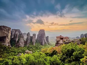 Kalampaka Prints: Monastery of Rousanou at dusk, Meteora, Thessaly, Greece