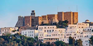 Monastery of Saint-John the Theologian at sunset, Patmos Chora, Patmos Island, Dodecanese, Greece
