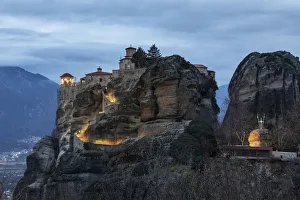 Hanging Prints: Monastery of Varlaam illuminated at night, Meteora, Thessaly, Greece