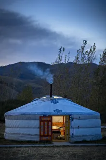 Cloudy Prints: A Mongolian Ger in Campsite, Kharkhorin district, Mongolia, Mongolian, Asia, Asian